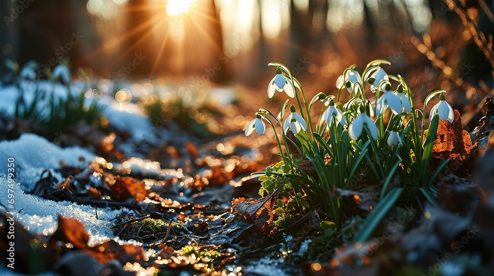 The first spring delicate purple snowdrops appeared from under the snow - obrazy, fototapety, plakaty 