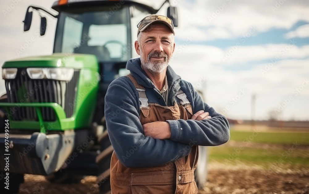 senior western farmer standing at farm with tractor senior western farmer standing at farm with tractor