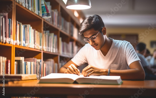 indian college boy student studying at library photo