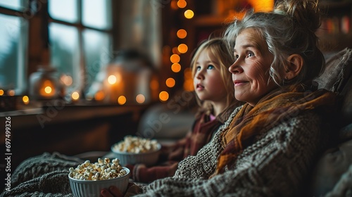 Grandmother and granddaughter sitting on the sofa with popcorn and watching a movie together