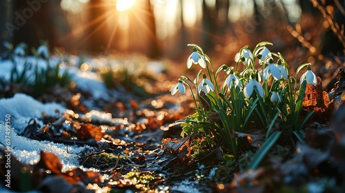 The first spring delicate purple snowdrops appeared from under the snow photo