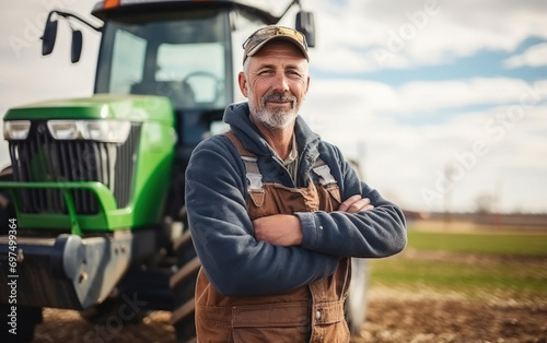 senior western farmer standing at farm with tractor photo