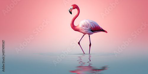 pink flamingo in water,A cartoon drawing of a bird with a white head and black and white feathers.A flamingo is standing in the water with a red background.Flamingo standing in the water with a pink 