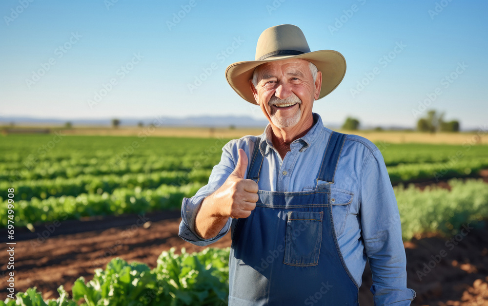 senior farmer standing at farm and showing thumbs up