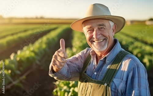 senior farmer standing at farm and showing thumbs up