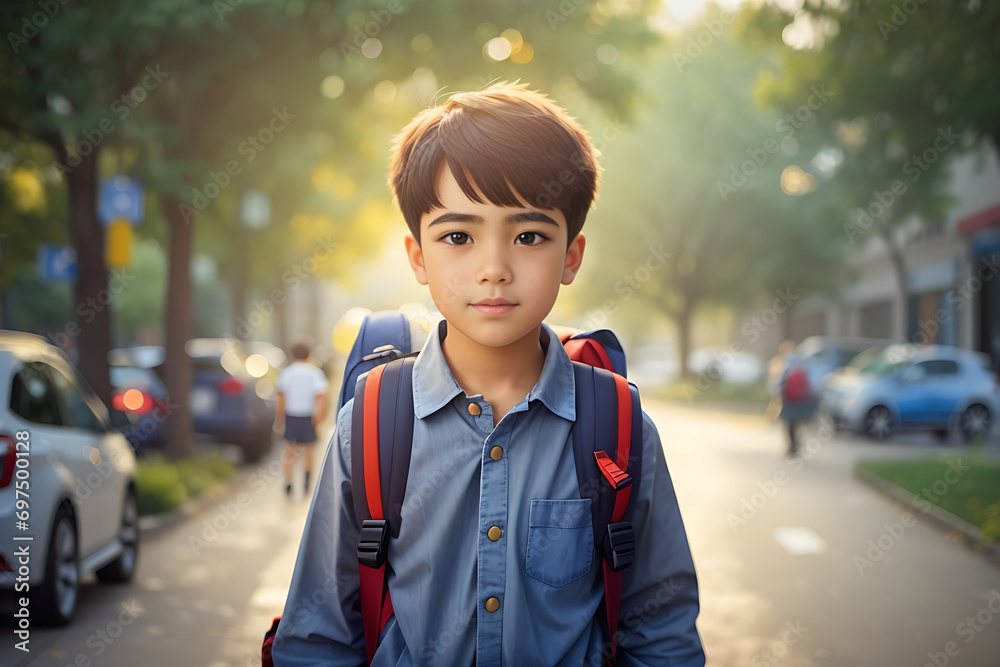 School going Little boy with a backpack Goes to study in sunny weather School going Little boy with a backpack Goes to study in sunny weather