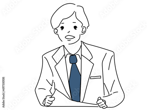 プレゼンする男性の線画（線画内の白色部分には、白色の塗りあり）