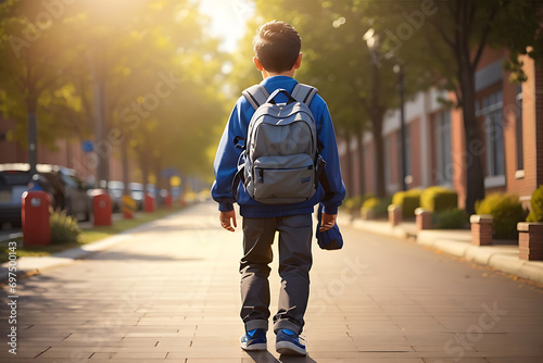 School going Little boy with a backpack Goes to study in sunny weather