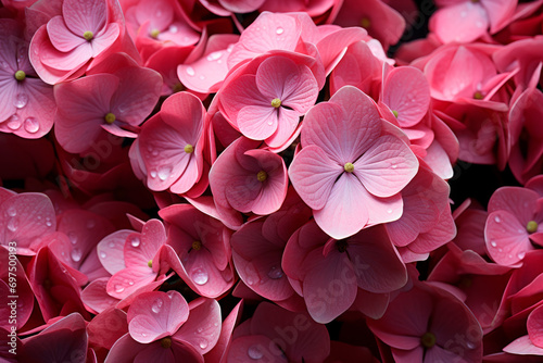hydrangea with pink petals, garden inflorescences with water drops close-up. bright floral background. view from above.