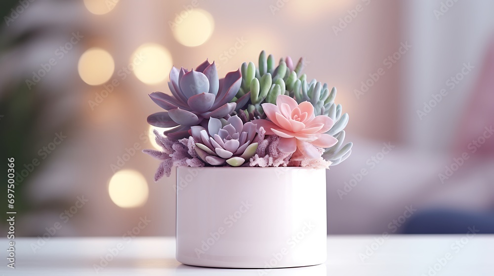 Succulent plant in a white pot on the shelf against white wall with copy space. succulents on the table extremely close-up view. a plant on a living room surface.