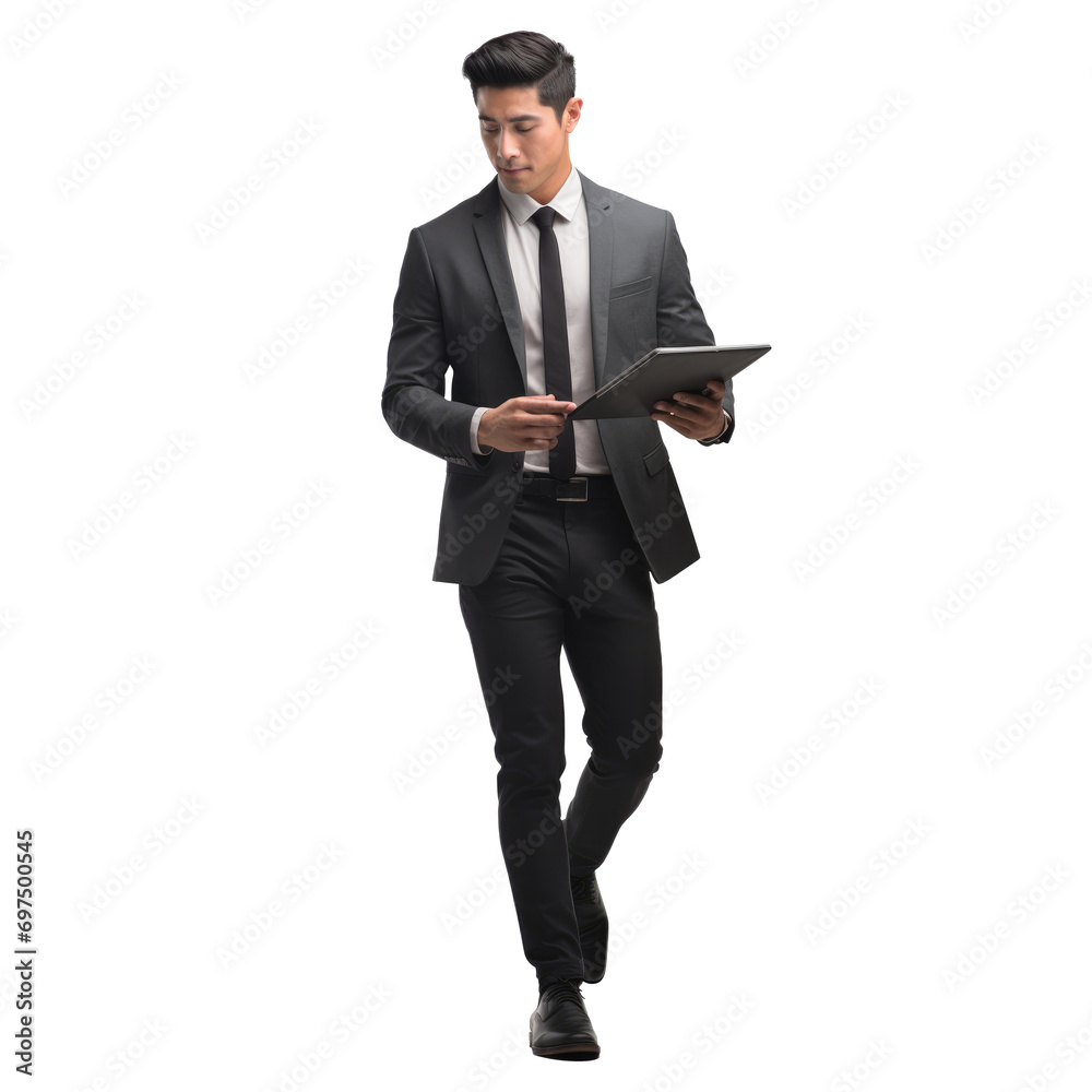 Full length profile shot of young businessman walking with Hand holding using tablet computer posing, isolated on white background, png Full length profile shot of young businessman walking with Hand holding using tablet computer posing, isolated on white background, png