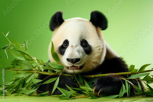 panda eats bamboo on a green background. Cute bamboo bear  close-up portrait on studio backdrop.