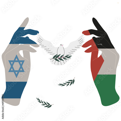 Palestine vs Israel military conflict. Dove peace in Hand on color of Palestinian and Israel flag isolated transparent background. Stop war concept. Vector illustration.