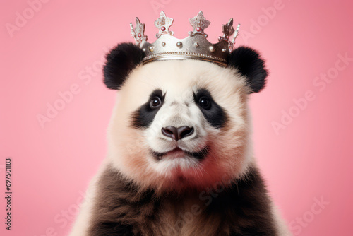panda in a crown, funny bamboo bear, close-up portrait on pink s photo