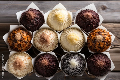 Brigadeiro in paper forms on wooden background photo