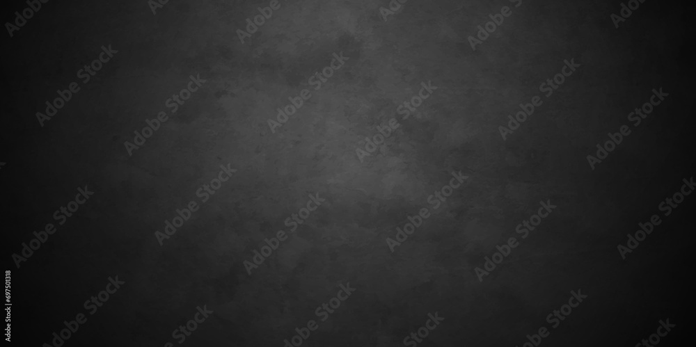 Dark black grunge textured concrete old blackboard and chalkboard rough background. Panorama dark grey black slate background or texture. Vector black concrete texture. Stone wall background.