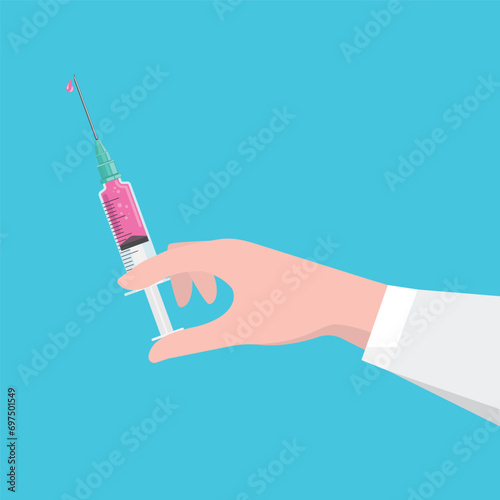 the doctor's hand holds a syringe filled with medicine,cartoon vector illustration element concept design