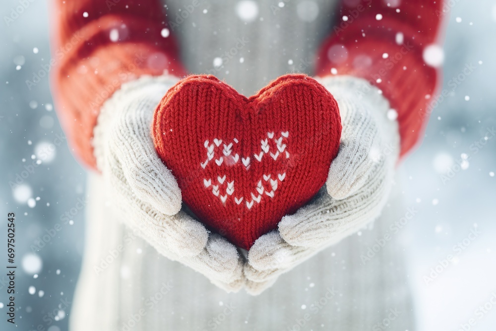 Female hands in knitted white mittens with heart of snow in winter day. Love and St. Valentine cozy concept, copyspace, bokeh background Female hands in knitted white mittens with heart of snow in winter day. Love and St. Valentine cozy concept, copyspace, bokeh background