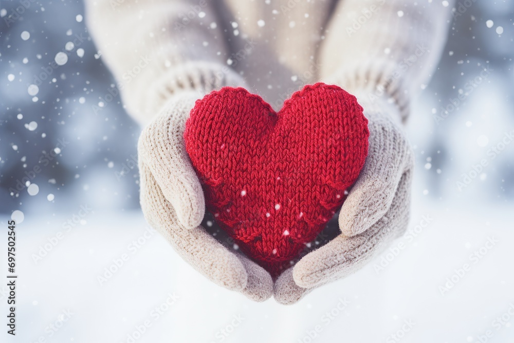 Female hands in knitted white mittens with heart of snow in winter day. Love and St. Valentine cozy concept, copyspace, bokeh background
