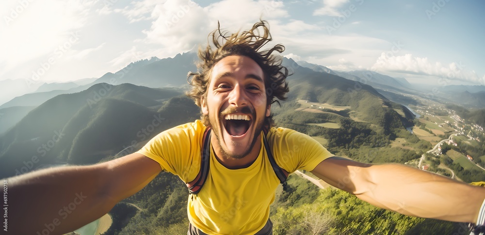 Joyful Man taking a selfie in the mountain. landscape view