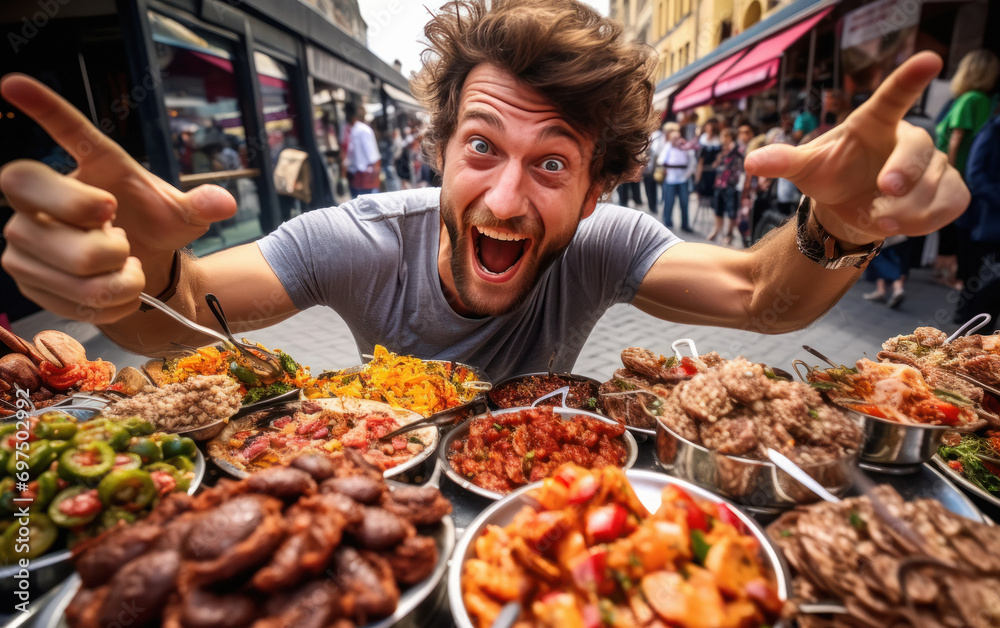 young man selling street food at local market