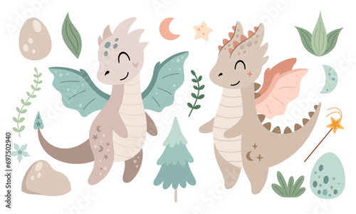 Cute dragon clipart in cartoon flat style. Year of the dragon. Dragon girl clipart. Fantasy clipart. Vector illustration