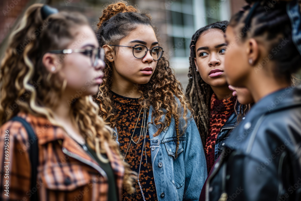Fototapeta premium Group of young diverse women at their study place. Representing the diversity at the campus.