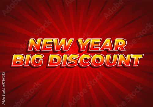 New year big discount. Text effect in yellow red color with 3D look. Red background