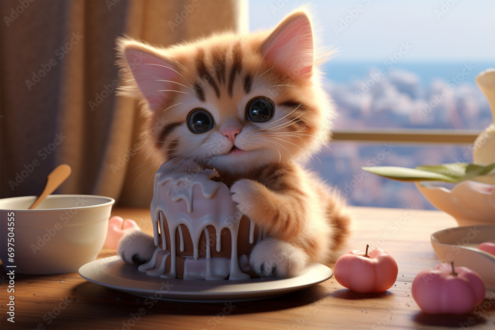 3d character illustration of a cute cat and a cake - obrazy, fototapety, plakaty 
