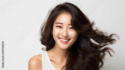 Beautiful smiling young Asian woman face with bright smile  natural makeup face  black hair and flowing hair Isolated on white background created with Generative AI Technology