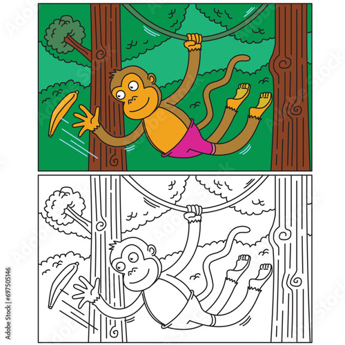 coloring page of happy monkey catching a banana