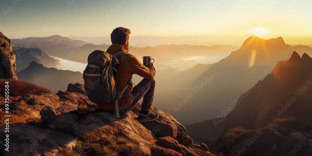 Young man drinking coffee on the top of mountain. - obrazy, fototapety, plakaty 