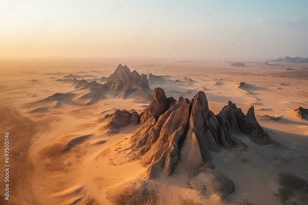 Aerial view of a majestic, colorful rocky desert with towering rock formations and giant sandstorms at twilight. Breathtaking serenity captured. Generative AI