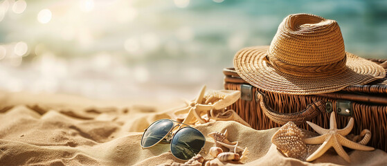 Suitcase and accessories for travel vacation on the sand.
