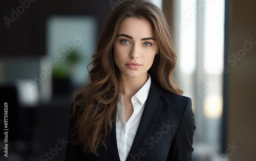 Young businesswoman or corporate employee in suit, ready for going to office.