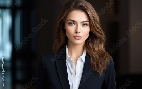 Young businesswoman or corporate employee in suit, ready for going to office.