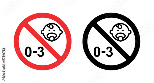 Warning sign, prohibited for children from 0 to 3 years old. Sign for packaging of children's products or toys. Symbol of marketing and sales.