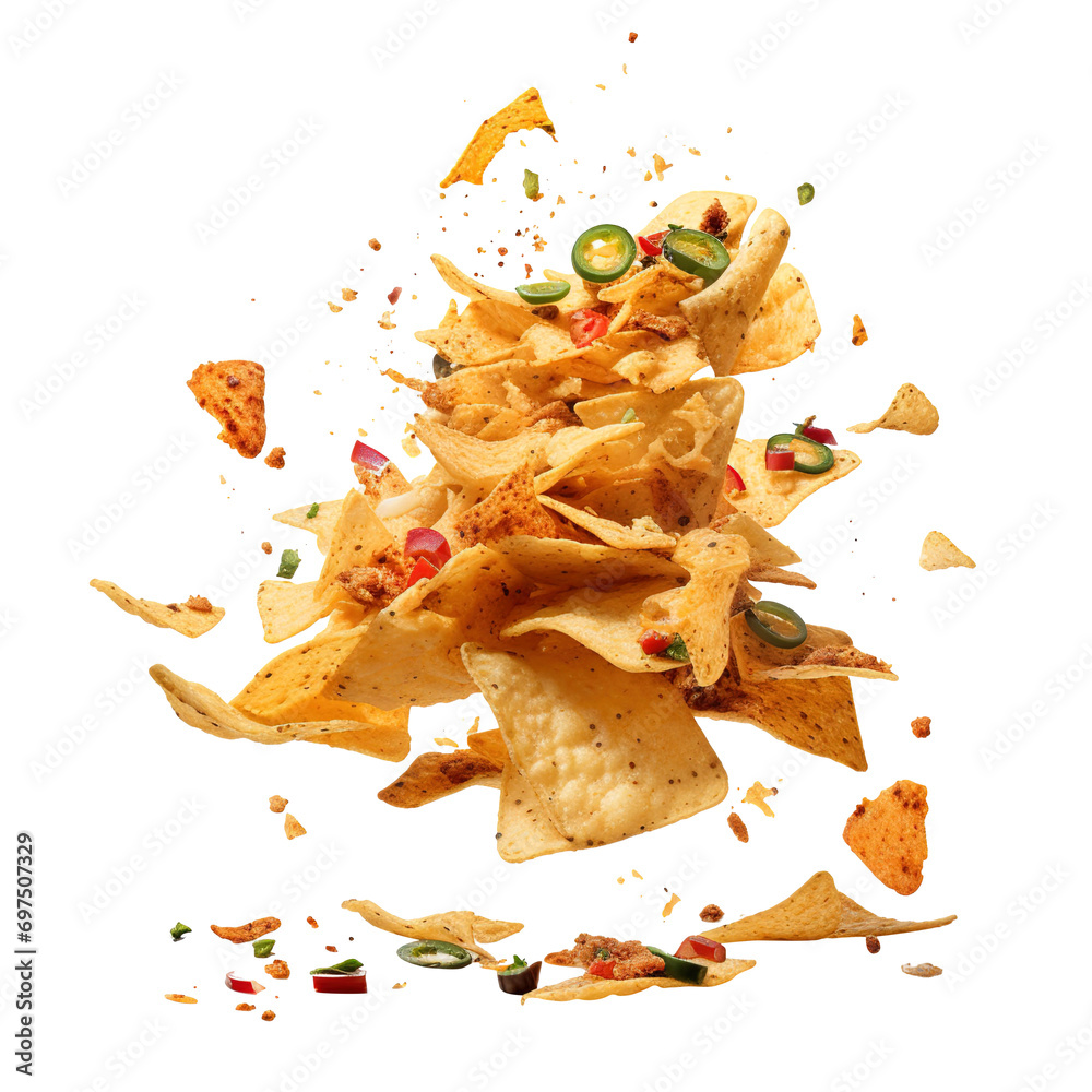 Flying Nachos isolated on transparent background Remove png, Clipping Path, pen tool