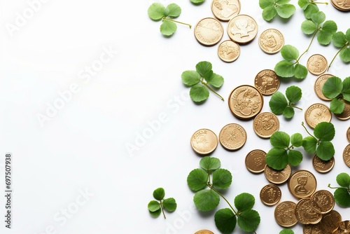 St. Patrick's Day layout with clover frame, gold coins on white bg. Top view flatlay. Generative AI photo