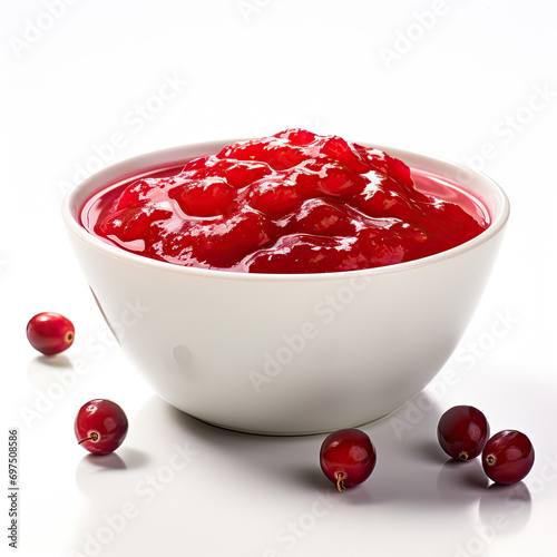 fresh Cranberry fruit jam compote in a white small bowl on a white background created with Generative AI Technology photo