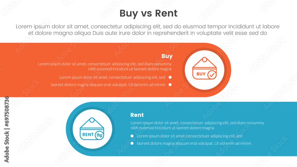 Fototapeta premium buy or rent comparison or versus concept for infographic template banner with horizontal round rectangle box with two point list information