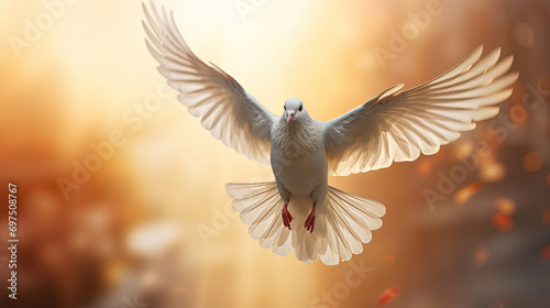White pigeon dove bird of peace flying flapping wings sunlight yellow background created with Generative AI Technology