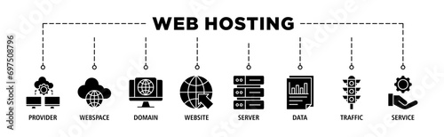 Web hosting banner web icon set vector illustration concept with icon of provider, webspace, domain, website, server, data, traffic and service