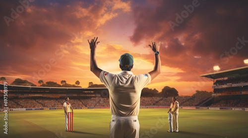 Captain of Cricket team happy for win amidst the backdrop of players and a vibrant cricket field photo