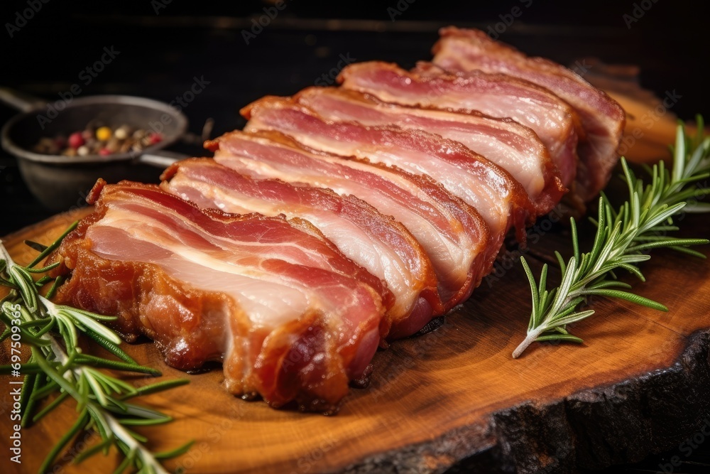 Close up Bacon slices. Pig meat. Pork belly with rosemary on a wooden board Close up Bacon slices. Pig meat. Pork belly with rosemary on a wooden board