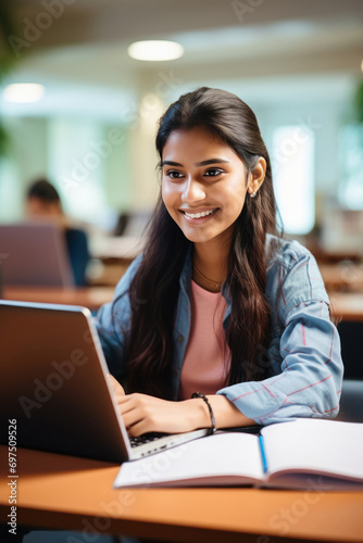 Young indian college girl using laptop