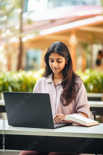 Young indian college girl using laptop