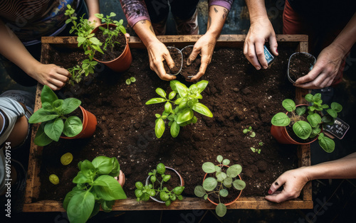 Top view of People hands with planting plant at garden
