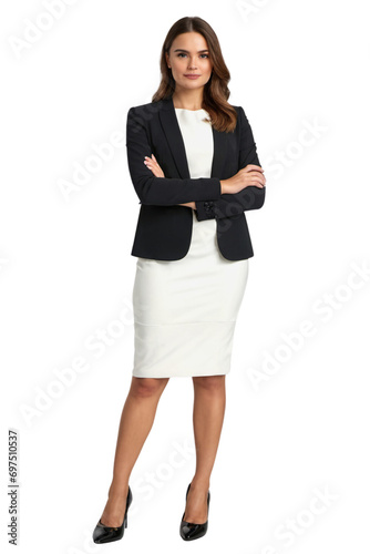 photo of business woman in white formal short dress isolated on transparent background