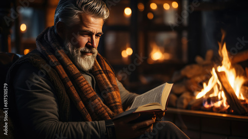 man reading a book at home